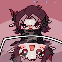  >:( 1girl arknights arknights:_endfield chibi chibi_only diamond_(shape) facial_mark ffrouty_aiz forehead_mark highres it's_all_a_matter_of_angle_(meme) meme nefarith_(arknights) pointy_ears purple_hair reflection snake_girl v-shaped_eyebrows violet_eyes 