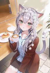  1girl :o animal_ear_fluff animal_ears black_skirt brown_jacket cat_ears cat_girl cat_tail coffee commentary_request counter cowboy_shot cup double-parted_bangs food from_above green_eyes grey_hair heart_pendant highres holding holding_cup indoors jacket jewelry latte_art layered_sleeves long_hair long_sleeves looking_up miniskirt momoshiki_tsubaki necklace open_clothes open_jacket original parted_lips pearl_necklace pie pie_slice plate shirt sitting skirt solo steam steaming_cup tail teacup tile_floor tiles unbuttoned watermark white_shirt 