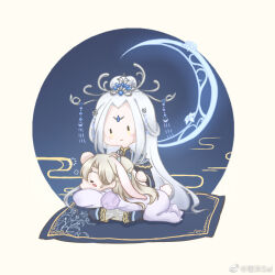  1boy 1girl =_= animal_ears baishuo_(shining_nikki) black_capelet black_robe blue_background blue_gem blue_halo blush_stickers border brown_hair capelet chibi chinese_commentary chinese_hairpin circle circlet closed_mouth commentary_request crescent crescent_halo ears_down flower forehead forehead_jewel gem grey_hanfu hair_flower hair_ornament hair_rings hair_spread_out hair_stick hairpin halo halo_behind_head hand_on_another's_ear happy jinmo_sal kneeling lap_pillow long_hair looking_at_another lying moonset_(shining_nikki) multiple_hairpins nikki_(series) on_stomach outside_border purple_hanfu qingyue_(shining_nikki) rabbit_boy rabbit_ears rabbit_tail robe round_border rug shining_nikki sidelocks smile solid_oval_eyes tail topknot very_long_hair watermark wavy_hair weibo_watermark white_hair xiangyun yellow_border yellow_eyes yunjian 