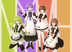  2boys 2girls :d ahoge apron back_bow black_dress black_gloves black_shoes black_thighhighs blush bow brown_eyes brown_hair can character_pin closed_eyes closed_mouth collared_dress commentary_request crossdressing crossdressing_(mtf) dress drink_can eggplant enkephalin_(project_moon) enmaided frilled_apron frilled_dress frills gloves green_hair green_necktie hair_ornament hairband hairclip hand_up highres hod_(project_moon) holding holding_can holding_plate jabdeok0506 juliet_sleeves kneeling korean_commentary lobotomy_corporation long_hair long_sleeves maid maid_apron male_maid malkuth_(project_moon) multiple_boys multiple_girls necktie netzach_(project_moon) open_mouth orange_necktie outline plate project_moon puffy_short_sleeves puffy_sleeves purple_hair purple_necktie red_hairband red_necktie shoes short_hair short_sleeves smile socks thigh-highs v very_long_hair waist_apron white_apron white_outline white_socks white_thighhighs yellow_eyes yesod_(project_moon) 