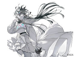  1girl black_gloves black_hair blindfold_mask commentary_request copyright_logo cowboy_shot crop_top gloves hair_between_eyes high_collar logo long_hair long_skirt long_sleeves mask midriff mura_karuki navel official_art original simple_background skirt solo white_background 