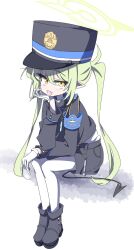  armband blue_archive blue_armband demon_tail fang fugu43 gloves green_hair hat highres long_hair looking_at_viewer nozomi_(blue_archive) open_mouth pointy_ears simple_background sitting tail twintails white_background white_gloves yellow_eyes 