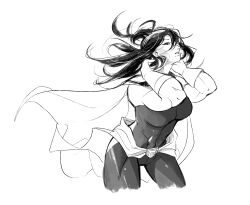  1girl absurdres black_bodysuit black_hair bodysuit boku_no_hero_academia breasts cape commentary english_commentary flamingsageflower gloves greyscale hair_between_eyes hand_in_own_hair highres large_breasts long_hair mature_female mole mole_under_mouth monochrome muscular muscular_female parted_lips ponytail shimura_nana simple_background solo white_background 