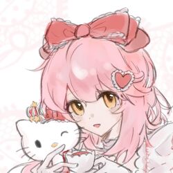  1girl :d arknights bow chinese_commentary commentary_request cup goldenglow_(arknights) goldenglow_(party_in_the_garden)_(arknights) hair_bow hello_kitty holding holding_cup mingzishenmedequbuchulaia open_mouth pink_hair red_bow sanrio smile solo teacup yellow_eyes 