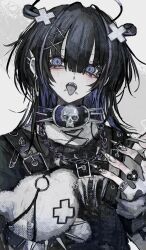  1girl animal_bag black_collar black_hair black_halo blunt_bangs chain chain_necklace cheek_piercing chest_strap collar colored_inner_hair face_piercing fingernails hair_between_eyes hair_ornament halo hand_up heart_ring highres jewelry long_fingernails medium_hair multicolored_hair necklace open_mouth original paperclip piercing purple_hair purple_streaks satoinu111 solo spiked_collar spiked_ear_piercing spikes streaked_hair tongue_piercing violet_eyes x_hair_ornament 