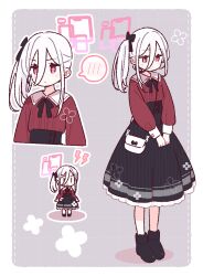  1girl alternate_costume alternate_hairstyle bag black_boots black_bow black_skirt blue_archive blush boots bow chibi commentary_request double-parted_bangs dress frilled_dress frills hair_between_eyes hair_bow halo high-waist_skirt highres kei_(blue_archive) kei_(new_body)_(blue_archive) long_hair long_hair_between_eyes long_sleeves multiple_views pink_eyes pink_halo rectangular_halo red_shirt ringed_eyes shirt shoulder_bag side_ponytail skirt spoken_blush white_hair yoru_nai 