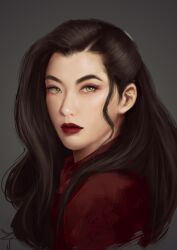 1girl artist_name asami_sato avatar_legends brown_hair close-up commentary eyeshadow green_eyes hair_ornament lips lipstick long_hair looking_at_viewer makeup nic-zero portrait purple_eyeshadow realistic red_lips signature solo spanish_text the_legend_of_korra third-party_source 