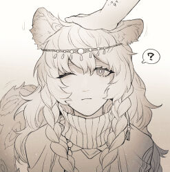  1girl 1other 7nite ? absurdres animal_ear_fluff animal_ears arknights beads braid closed_mouth dress greyscale headpat highres jewelry long_hair looking_at_viewer monochrome one_eye_closed out_of_frame pramanix_(arknights) side_braids simple_background snow_leopard_ears snow_leopard_girl snow_leopard_tail solo_focus spoken_question_mark tail turtleneck turtleneck_dress twin_braids upper_body 
