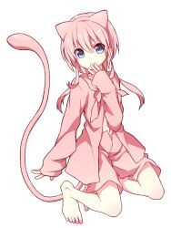  1girl animal_ears bad_id bad_pixiv_id bare_legs barefoot blue_eyes chorefuji commentary_request covering_own_mouth extra_ears eyes_visible_through_hair long_sleeves looking_at_viewer medium_hair mewtwo navel no_mouth open_clothes open_fly open_shorts personification pink_hair pink_sailor_collar pink_shirt pink_shorts pokemon sailor_collar sailor_shirt shirt shorts simple_background solo tail white_background 