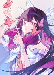  1girl absurdres asagihisui black_hair bow bug butterfly choker collarbone columbina_(genshin_impact) commentary_request dress feathered_wings fingernails genshin_impact hair_ribbon highres long_hair long_sidelocks looking_at_viewer multiple_wings parted_lips pink_butterfly pink_eyes pink_hair portrait ribbon sidelocks smile solo upper_body very_long_hair white_bow white_choker white_dress white_ribbon white_wings wings 