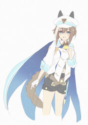  1girl animal_ears ascot belt black_shorts blue_cape blue_eyes brown_hair cape cheval_grand_(grand_itineraire)_(umamusume) cheval_grand_(umamusume) cowboy_shot ear_covers ears_through_headwear gloves hair_between_eyes hakugitsu hat hat_belt highres horse_ears horse_girl jacket looking_at_viewer multicolored_hair peaked_cap shorts simple_background single_glove smile solo streaked_hair umamusume white_background white_gloves white_hair white_hat white_jacket yellow_ascot 