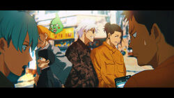  6+boys arashi_(boom_sate225) black_hair black_jacket camouflage camouflage_jacket cellphone collared_shirt commentary_request crossover ekubo_(mob_psycho_100) geto_suguru gojo_satoru grey_hair jacket jujutsu_kaisen kageyama_shigeo male_focus medium_hair mob_psycho_100 multiple_boys necktie orange_hair orange_jacket parody phone red_necktie reigen_arataka shirt short_hair smartphone smile style_parody suit suit_jacket sunglasses sweatdrop tan teeth white_hair white_shirt 