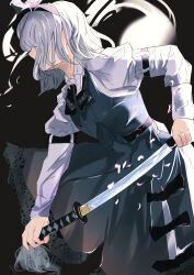  1girl 39_miku3939 absurdres black_background black_bow bow commentary_request covered_eyes dress green_dress highres holding holding_sword holding_weapon konpaku_youmu konpaku_youmu_(ghost) long_hair long_sleeves sword touhou weapon white_hair 