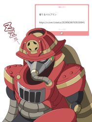  1other ambiguous_gender armor canister commentary_request covered_eyes covered_mouth cowboy_shot fan_request firefighter firefighter_helmet gas_mask helmet helmet_over_eyes highres jacket joints marshmallow_(site) mask mechanical_arms mega_man:_dual_override mega_man_(classic) mega_man_(series) ne_chottomo no_mouth original oxygen_mask red_armor red_helmet robot robot_ears robot_joints shadow simple_background sleeping sleeping_upright twitter white_background zzz 