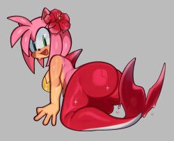  1girl all_fours amy_rose animal_ears animal_nose arm_support ass bikini blush breasts commentary english_commentary fiinel fins flower from_behind full_body furry furry_female green_eyes grey_background hair_flower hair_ornament hanging_breasts hibiscus large_breasts looking_at_viewer looking_back merfolk mermaid monster_girl open_mouth pink_fur pink_hair red_flower red_tail short_hair sideboob simple_background smile solo sonic_(series) sparkle swimsuit tail thick_thighs thighs wet 