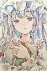  1girl absurdres book breasts commentary crescent crescent_hat_ornament dress hat hat_ornament highres holding holding_book kamu_kotan large_breasts long_hair long_sleeves looking_at_viewer mob_cap open_mouth patchouli_knowledge pink_dress pink_hat purple_hair solo touhou traditional_media violet_eyes 