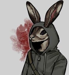  1boy animalization bag blood commentary cry_of_fear english_commentary grey_hoodie hood hood_up hoodie l0botm1z3d male_focus rabbit shoulder_bag simon_henriksson solo upper_body 