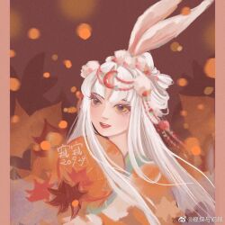  1girl aegyo_sal animal_ears autumn autumn_leaves beads border bow-shaped_hair chinese_commentary circlet commentary_request crescent crescent_hair_ornament dated double_bun eyelashes eyeliner hair_beads hair_bun hair_ornament hair_rings hand_fan happy holding holding_fan leaf light_blush light_particles lipstick long_hair long_sidelocks long_sleeves looking_ahead makeup nikki_(series) nostrils official_alternate_color orange_border orange_hanfu orange_theme parted_lips pillarboxed pom_pom_(clothes) pom_pom_hair_ornament rabbit_ears rabbit_girl red_background red_eyeliner red_lips shining_nikki sidelocks sight_of_the_moon_(shining_nikki) signature smile solo sukidayo3o teeth tuanshan upper_body upper_teeth_only very_long_hair watermark weibo_watermark white_hair wind yellow_eyes 
