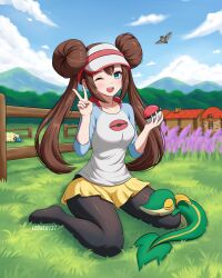  1girl absurdres bird black_pantyhose blue_eyes blue_sky blush breasts brown_hair clouds collarbone donut_hair_bun double_bun fence field flower grass hair_bun hat highres holding holding_poke_ball leoneo137 long_hair looking_at_viewer mareep medium_breasts one_eye_closed open_mouth outdoors pantyhose pantyhose_under_shorts pidove poke_ball poke_ball_(basic) poke_ball_print pokemon pokemon_(creature) pokemon_black_2_and_white_2 raglan_sleeves rosa_(pokemon) shirt shorts sky smile snivy teeth twintails upper_teeth_only v visor_cap yellow_shorts 