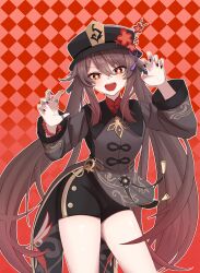  1girl absurdres argyle_background bead_bracelet beads black_hat black_shorts bracelet brown_hair brown_shirt chinese_clothes claw_pose commentary_request cowboy_shot flower flower-shaped_pupils genshin_impact hair_between_eyes hat highres hu_tao_(genshin_impact) jewelry long_hair long_sleeves looking_at_viewer mitarashi_(miil_liim) multicolored_hair multiple_rings nail_polish open_mouth plum_blossoms porkpie_hat red_background red_eyes ring shirt shorts solo symbol-shaped_pupils two-tone_hair v-shaped_eyebrows very_long_hair wide_sleeves 