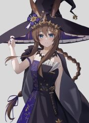  1girl absurdres adjusting_clothes adjusting_headwear amiya_(arknights) animal_ears arknights arm_behind_back bare_arms black_cape black_dress black_hat blue_eyes blush braid breasts brown_hair cape closed_mouth commentary congroo cowboy_shot dress ears_through_headwear hair_between_eyes hair_ornament hand_on_headwear hand_up hat hat_ornament highres jewelry long_hair looking_at_viewer multiple_rings necklace rabbit_ears rabbit_girl ribbon ring sidelocks simple_background single_braid smile solo strapless strapless_dress very_long_hair white_background witch witch_hat 