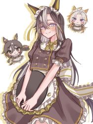  15marshu 3girls ahoge animal_ears brown_eyes brown_hair brown_shirt brown_skirt chibi closed_mouth coco's commentary_request dream_journey_(umamusume) ear_covers eyewear_strap food glasses hair_between_eyes highres holding holding_tray horse_ears horse_girl horse_tail long_hair looking_at_viewer multicolored_hair multiple_girls neckerchief orange_hair orfevre_(umamusume) puffy_short_sleeves puffy_sleeves shirt short_sleeves single_ear_cover skirt smile stay_gold_(umamusume) streaked_hair tail tray two-tone_hair umamusume violet_eyes white_hair white_headdress yellow_neckerchief 