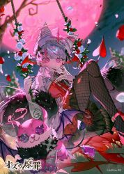  1girl :3 absurdres animal_hat bandages cat_hat claws commentary_request copyright_logo demon_tail demon_wings dress english_text fangs fingernails fishnet_pantyhose fishnets flower gem_eyes hair_between_eyes hat heart-shaped_nose highres logo long_fingernails moon mura_karuki official_art pantyhose pink_moon red_dress red_flower red_nails single_bare_shoulder sitting sky solo stitched_face stitches stuffed_toy swing tail tree white_flower white_hair wings 