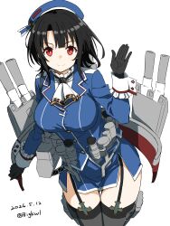  1girl absurdres bigkwl black_hair black_thighhighs blue_hat blue_jacket blush breasts closed_mouth commentary cowboy_shot dated dated_commentary frilled_sleeves frills garter_straps hand_up hat highres jacket kantai_collection large_breasts long_hair long_sleeves looking_at_viewer one-hour_drawing_challenge red_eyes rigging simple_background smile solo takao_(kancolle) thigh-highs twitter_username white_background 