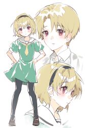  1boy 1girl absurdres black_hairband black_pantyhose blonde_hair blush brother_and_sister brown_shoes bsgkstnals03 commentary_request dress green_dress hairband highres higurashi_no_naku_koro_ni houjou_satoko houjou_satoshi neckerchief pantyhose sailor_collar sailor_dress shirt shoes short_hair siblings simple_background white_background white_sailor_collar white_shirt yellow_neckerchief 