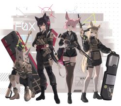  4girls ahoge animal_ear_fluff animal_ears anti-materiel_rifle assault_rifle bag barrett_m82 belt black_boots black_gloves black_headband black_skirt black_thighhighs blonde_hair blue_archive blue_eyes blue_halo boots brown_gloves brown_hair collarbone combat_boots eyewear_on_head fingerless_gloves fox_ears fox_girl fox_platoon_(blue_archive) gloves green_eyes green_halo gun h&amp;k_hk416 h&amp;k_ump hair_between_eyes halo headband headset highres holding holding_gun holding_weapon knee_pads kneehighs kurumi_(blue_archive) load_bearing_vest long_hair long_sleeves looking_at_viewer magazine_(weapon) multicolored_gloves multiple_girls niko_(blue_archive) otogi_(blue_archive) pants pink_hair pleated_skirt ponytail pouch pump_action red_eyes red_gloves red_halo remington_870 rifle shield shirt short_hair shorts shotgun skirt sniper_rifle socks submachine_gun tactical_clothes thigh-highs thigh_pouch torn_clothes torn_thighhighs triangle_halo two-tone_gloves vam_(js_vam) weapon yukino_(blue_archive) 