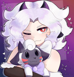  1boy ;3 animal_ears black_shirt bow bowtie commentary crop_top detached_sleeves english_commentary highres holding holding_stuffed_toy horns indie_virtual_youtuber lamb_boy lamb_ears long_sleeves male_focus nebulilac one_eye_closed original portrait red_eyes sheep sheep_boy sheep_ears sheep_horns shirt short_hair smug solo stuffed_animal stuffed_sheep stuffed_toy trap virtual_youtuber white_bow white_bowtie white_hair 