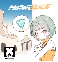  1girl aqua_eyes aqua_hair architecture bare_arms blush commentary_request copyright_logo copyright_name cropped_torso head-mounted_display highres jumpsuit logo looking_at_viewer motorslice mudou_eichi multiple_moles orange_jumpsuit orbie outdoors p_(motorslice) parted_lips robot short_hair sketch solo turtleneck_jumpsuit 