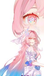  1girl aqua_hair breasts commentary cyrene_(demiurge)_(honkai:_star_rail) cyrene_(honkai:_star_rail) diamond-shaped_pupils diamond_(shape) dress eye_focus gradient_hair halo highres honkai:_star_rail honkai_(series) long_hair looking_at_viewer maomavika medium_breasts multicolored_hair multiple_views pink_eyes pink_hair simple_background symbol-shaped_pupils two-tone_hair untranslatable_commentary very_long_hair white_background white_dress 