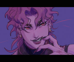  1boy dio_brando ear_birthmark earrings eyeliner eyeshadow fangs grin highres jewelry jojo_no_kimyou_na_bouken lipstick makeup male_focus noquelle red_eyes sketch smile solo stardust_crusaders teeth vampire 