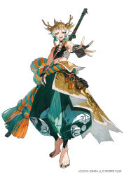  1boy 2015 bare_shoulders black_gloves black_nails brown_hair commentary_request full_body gloves green_eyes green_hair green_pants highres horns male_focus medium_hair midriff multicolored_hair mura_karuki official_art official_artist_extra orange_hair pants rope shirt simple_background sleeveless sleeveless_shirt solo standing touken_ranbu white_background white_hair 