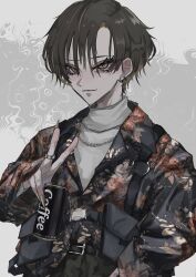  absurdres brown_hair can canned_coffee chain chain_necklace double-parted_bangs drink_can ear_piercing fingernails floral_print gold_nails grey_sweater highres holding holding_can jewelry long_fingernails multicolored_hair necklace original partially_unbuttoned piercing ring satoinu111 short_hair simple_background smile solo sweater turtleneck upper_body v yellow_eyes 