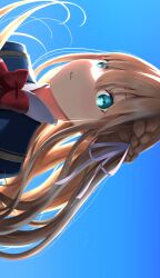  1girl absurdres blonde_hair blue_eyes bow bowtie braid commentary_request floating_hair hair_ribbon heaven_burns_red highres long_hair looking_at_viewer phant0m red_bow red_bowtie ribbon sideways toujou_tsukasa upper_body white_ribbon 