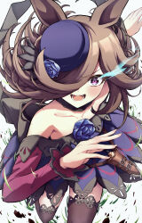  1girl animal_ears bare_shoulders black_thighhighs blue_flower blue_hat blue_rose blush breasts brown_hair collarbone commentary_request dagger dress eye_trail flipped_hair flower fur_choker hair_over_one_eye hat hat_flower highres horse_ears horse_girl knife light_trail long_hair long_sleeves looking_at_viewer off-shoulder_dress off_shoulder open_mouth praticadayo rice_shower_(rosy_dreams)_(umamusume) rice_shower_(umamusume) rose running sheath sheathed small_breasts smile solo teeth thigh-highs tilted_headwear umamusume violet_eyes weapon 