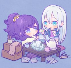  25-ji_miku 2girls :d asahina_mafuyu blue_background blue_eyes blue_hair blue_jacket blue_shorts blush box cardboard_box cellphone chibi chibi_only commentary_request cup double-parted_bangs hair_between_eyes hatsune_miku holding holding_cup hologram jacket kettle long_hair long_sleeves mug multiple_girls open_clothes open_jacket open_mouth oyasumirakko paper pencil phone ponytail project_sekai purple_hair purple_shirt shirt shorts simple_background smartphone smile sweater table yellow_sweater yoisaki_kanade 