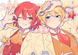  2boys ;d alternate_costume ascot bird blonde_hair blue_eyes blush chocolate collared_jacket commentary confetti ferret flower food hair_flower hair_ornament hanasaki_miyabi highres hiyamaru holding holding_chocolate holding_food holding_spoon holostars jacket kishido_temma kyomu_suzume long_sleeves male_focus multiple_boys one_eye_closed orange_vest pink_flower plaid_background red_ascot red_hair red_vest short_hair smile sparkle spoon star_(symbol) untranslatable_commentary upper_body vest virtual_youtuber yellow_ascot yellow_eyes yellow_jacket yu_gumo7 