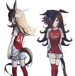  adidas animal_ears arms_behind_back arsenal_fc brown_hair commentary declan_rice ears_down english_commentary eye_trail flower hair_over_one_eye hat horse_ears horse_girl horse_tail light_trail pants premier_league red_eyes red_socks rice_shower_(umamusume) shy soccer_uniform socks sportswear tail tegoose65 two-tone_shirt umamusume white_pants 