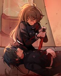  1boy 1girl black_jacket black_pants black_serafuku blood blood_from_mouth blood_on_arm blood_on_chest blood_on_clothes blood_on_face blood_on_hands blood_on_weapon blood_splatter blood_stain blue_hair brown_eyes brown_hair buttons cosplay crack cracked_glass crossover cylinder danganronpa:_despair_time david_chiem downturned_eyes east-west_crossover gakuran gradient_hair grey_eyes grey_hair grin hand_on_own_chest high_ponytail highres holding holding_knife holding_weapon jacket knife last_defense_academy_school_uniform long_hair long_sleeves looking_at_another lying messy_hair multicolored_hair on_back pants pleated_skirt ponytail scene_reference school_uniform serafuku short_hair skirt smile stab teruko_tawaki the_hundred_line_-last_defense_academy- upturned_eyes weapon xin_ci 