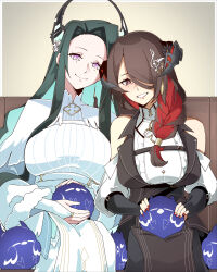  2girls aqua_hair asymmetrical_horns black_hair black_horns breasts colored_inner_hair commentary demon_horns english_commentary highres hololive hololive_english horns jailbird_(nerissa_ravencroft) joeboto long_hair malpha_ravencroft mamarissa mature_female mole mole_under_eye mother_and_child mother_and_daughter multicolored_hair multiple_girls parent_and_child pink_eyes red_eyes red_hair smile two-tone_hair virtual_youtuber wavy_hair 