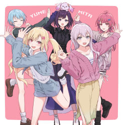  5girls :d ^_^ ahoge bang_dream! bang_dream!_mugendai_mewtype bang_dream!_our_notes black_boots black_ribbon black_shirt blonde_hair blue_hair blue_jacket blue_skirt boots brown_shoes cardigan character_request closed_eyes collarbone collared_shirt commentary denim denim_skirt frilled_shirt frills fuji_miyako grey_eyes grey_hair grin hair_ornament hairclip highres hood hood_down hoodie jacket loafers long_hair long_skirt long_sleeves medium_skirt minetsuki_ritsu miniskirt miyanaga_nonoka mugendai_mewtype multiple_girls nakamachi_arale neck_ribbon open_clothes open_jacket open_mouth parallel_hairclips pink_cardigan pink_eyes pink_hair purple_hair purple_skirt ribbon sengoku_yuno shirt shoes short_hair side_slit skirt sleeves_past_wrists smile socks striped_clothes striped_shirt twintails untranslatable_commentary v-shaped_eyebrows violet_eyes virtual_youtuber white_hoodie white_shirt white_socks x_hair_ornament yellow_skirt yukitake_(bullfalk) 