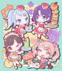  1other 25-ji_nightcord_de._(project_sekai) 3girls :o akiyama_mizuki animal apron asahina_mafuyu blue_hair blue_skirt blush boots brown_boots brown_eyes brown_hair burger chibi chibi_only closed_mouth commentary_request dog dress drop_shadow earrings fast_food flying_sweatdrops food full_body hair_ornament hairclip hat highres jewelry lace-up_boots long_hair long_sleeves maid_headdress multiple_girls open_mouth orange_shoes oyasumirakko pink_eyes pink_hat project_sekai purple_hair red_dress red_socks shinonome_ena shoes short_hair short_sleeves sitting skirt socks sparkle standing striped_clothes striped_dress thigh-highs twintails vertical-striped_clothes vertical-striped_dress waist_apron waitress white_apron white_shoes white_thighhighs wrist_cuffs x_hair_ornament yoisaki_kanade 