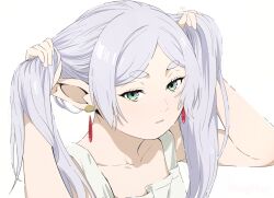  1girl bilingual_commentary bunching_hair commentary earrings elf floating_earrings frieren green_eyes hands_up heart heart_in_eye jewelry long_hair looking_at_viewer mixed-language_commentary nightgown parted_lips pointy_ears portrait short_eyebrows simple_background solo sousou_no_frieren symbol_in_eye teardrop_earrings thick_eyebrows usagihop white_background white_hair white_nightgown 