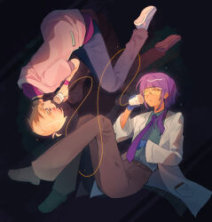  2boys antenna_hair aqua_shirt belt black_choker blonde_hair blue_gloves blue_pants blue_shoes bracelet brown_pants charles_cuevas choker coat collared_shirt commentary covered_eyes cup danganronpa:_despair_time dark-skinned_male dark_skin english_commentary expressionless floating gloves gradient_hair grey_shoes hair_between_eyes hand_up highres holding holding_cup jacket jewelry lab_coat listening long_hair long_sleeves low_ponytail multicolored_hair multiple_boys open_clothes open_coat open_mouth pants parted_lips pink_jacket pink_streaks ponytail purple_hair purple_shirt rubber_gloves safety_glasses shirt shoes short_hair sidelocks streaked_hair string string_phone tinted_eyewear whit_young white_coat wide_sleeves xin_ci yellow-tinted_eyewear 