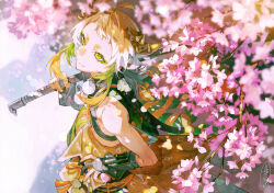  1boy absurdres black_gloves black_nails cherry_blossoms commentary_request from_side gloves green_eyes green_hair high_collar highres holding holding_sword holding_weapon horns katana looking_at_viewer male_focus medium_hair multicolored_hair mura_karuki official_artist_extra outdoors petals sheath single_bare_shoulder solo sword touken_ranbu translation_request upper_body weapon white_hair 