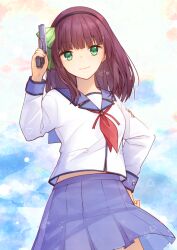  1girl angel_beats! black_hairband blue_background blue_sailor_collar blue_skirt blunt_bangs bow closed_mouth commentary_request commission cowboy_shot green_bow green_eyes gun hair_bow hairband hand_on_own_hip hand_up handgun holding holding_gun holding_weapon long_sleeves looking_at_viewer medium_hair midriff_peek miniskirt nakamura_yuri neckerchief noala-sousaku pleated_skirt red_neckerchief sailor_collar sailor_shirt shirt sidelocks simple_background skirt smile solo straight_hair two-tone_background weapon white_background white_shirt 