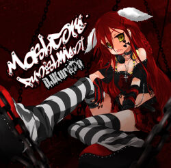  album_cover album_name arm_warmers artist_logo belt black_arm_warmers black_belt black_choker black_leg_warmers black_shirt chain choker clothes_writing cover cross cross_necklace cross_ornament djkurara ear_piercing face_piercing facepaint hair_ornament hairclip headphones headphones_around_neck j-core jewelry leg_warmers logo long_hair midriff miniskirt necklace piercing punk radiation_symbol red_arm_warmers red_background red_hair red_shoes red_skirt sakurato_arusu shirt shoes silver_necklace skirt striped_arm_warmers striped_clothes striped_leg_warmers striped_thighhighs thigh-highs tongue tongue_out waveform white_leg_warmers yellow_eyes 